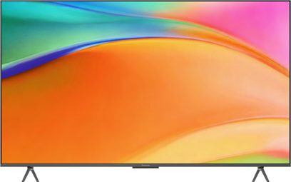 Panasonic TV-85W95BEG højopløsnings-tv i sort, med en slank mat plastikramme, stort fladskærms-tv anbragt på to udadgående metalben, set forfra