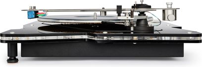 Hi-fi platenspeler Vertere Acoustics Pack DGX Dark Sabre wit, vooraanzicht, glanzend zwarte acryl sokkel met transparante rand, transparante acryl draaitafel, zilverkleurige metalen toonarm met blauwe cartridge