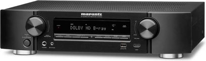 Marantz NR1604 sort home cinema-forstærker, front, set forfra, LCD-display, knapper, drejeknapper, USB- og HDMI-porte