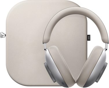 Hi-fi-koptelefoon Loewe Leo Midnight Beige lichtbeige met gewatteerde hoofdband, zilverkleurige oorschelpen en bijpassende hoes