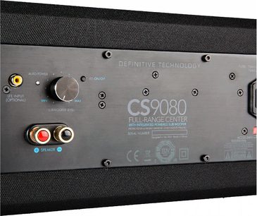 Definitive Technology CS9080 sort centerkanal, nærbillede forfra af stik og justeringer på bagsiden