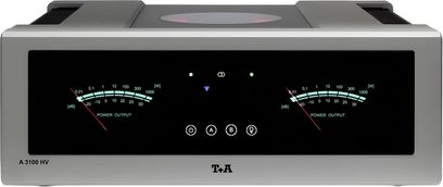 Hi-Fi-Leistungsverstärker T+A A 3100 HV in Silber, mit schwarzer Front und zwei analogen VU-Metern, Vorderansicht