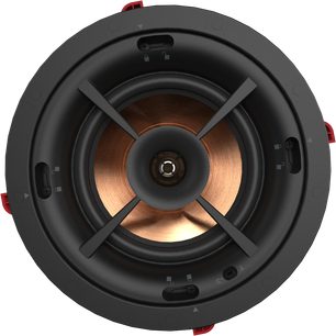 Schwarzer Klipsch PRO-160-RPC Decken-Einbaulautsprecher, kupferfarbene Membran und zentraler Hochtöner, geschützt durch vier Streben
