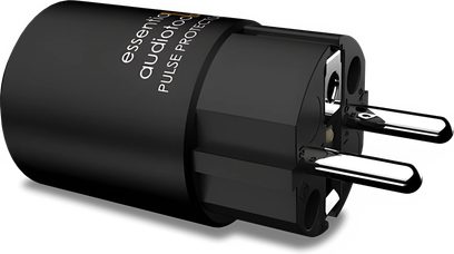 EAT Essential Audio Tools Pulse Protector melns strāvas padeves kabelis, skats no augšpuses, vīriešu un sieviešu savienotāji