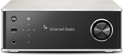 Denon DRA-100 sort hi-fi stereoforstærker, frontvisning, frontpanel med skærm, knapper, drejeknap og hovedtelefonstik