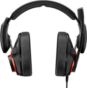 Sennheiser GSP 600 sort hovedtelefon, set forfra, polstret hovedbøjle, brede og tykke ørepuder, indtrækkeligt mikrofon på højre side