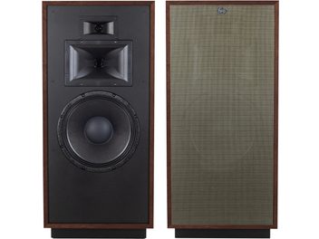 Coppia di diffusori a colonna Klipsch Forte IV Auburn, legno marrone, vista frontale, uno con griglia, l'altro con padiglioni e woofer