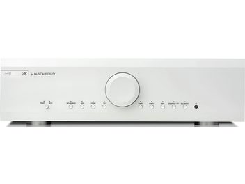 Preamplificatore stereo Musical Fidelity M6s PRE argento con pannello frontale rettangolare, pulsante centrale circolare e 9 pulsanti allineati
