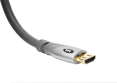 Monster Gold Advanced High Speed HDMI-kabel 10 m grå, HDMI-stik med guldbelægning, nærbillede af kabelenden