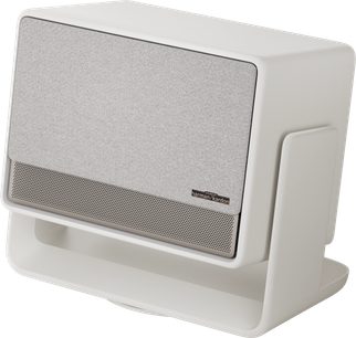 XGIMI Horizon S Pro projektor, set fra trekvart vinkel, hvidt rektangulært kabinet, grå frontgitter, logo nederst til højre