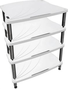 Bassocontinuo Lyra 2.1 hvid hi-fi møbel med 4 rektangulære hylder stablet oven på hinanden på sorte metalben