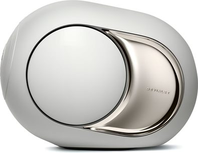 Акустична система DEVIALET Phantom Ultimate 108 dB Light Pearl, вид з боку, білий корпус, полірована металева боковина, бічний диск