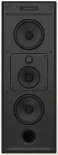 Zapuštěný reproduktor Bowers & Wilkins CWM7.3 S2 černý, pohled zepředu, 3 kulaté reproduktory, perforovaná kovová mřížka