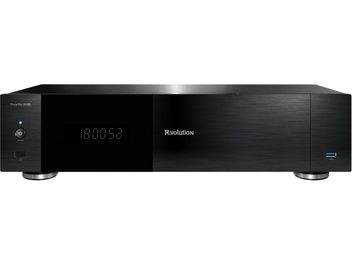 Медіаплеєр R_volution Play Pro 8K TV чорного кольору з шліфованого металу, вигляд спереду з центральним дисплеєм і портом USB