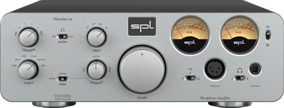 Ασημί προενισχυτής ακουστικών SPL Phonitor Xe, μπροστινή όψη με δύο μετρητές στάθμης, μεγάλο ρυθμιστικό έντασης και υποδοχές ακουστικών