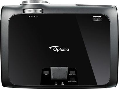 Optoma EW766 sort videoprojektor, set forfra, LCD-skærm, kontrolknapper, centreret linse, afrundede hjørner