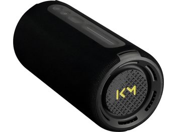 Bærbar Bluetooth-højttaler Loewe We. HEAR pro sort, set i vinkel, cylindrisk format med betjeningselementer på toppen