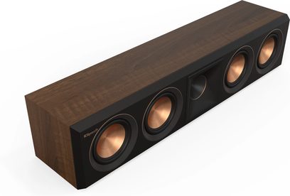Klipsch RP-404C II centerhøjttaler i valnød, rektangulær, mørkt træ, 4 runde sort- og kobberfarvet højttalere