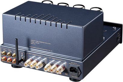 Cayin Jazz 80 KT88 integreret stereo rørforstærker i satinblåt stålmetal, bagfra i trekvart vinkel, ventileret topdæksel med slidser, transparente højttalerterminaler med guldringe, RCA-indgange, sort antenne og IEC-strømstik