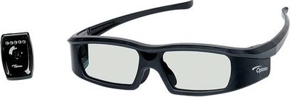 Sorte aktive 3D-briller fra Optoma, brede bøjler, rektangulære gennemsigtige glas, lille sort boks på højre bøjle