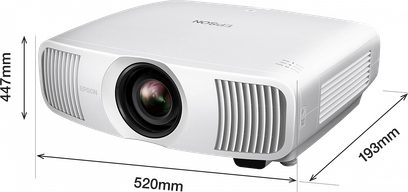 Proyector Epson EH-LS11000W blanco, vista frontal y lateral, forma rectangular redondeada, lente negra descentrada
