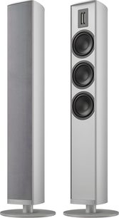 Diffusori da pavimento Piega Premium 701 Gen2 argento, design sottile con base rotonda, tweeter a nastro e tre altoparlanti