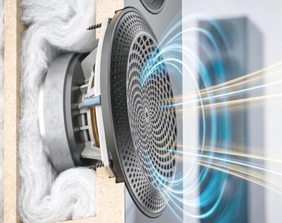 Recessed speaker cross-section view with black grille, white insulation and blue sound waves