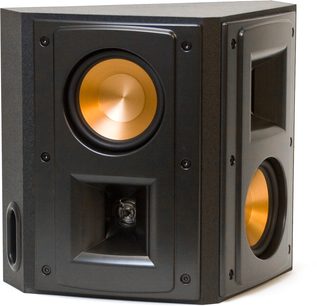 Klipsch RS-42 MkII sort højttaler, tæt forfra, gylden højttaler synlig bag sort gitter, mat sort kabinet