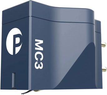 Kasetė hi-fi vinilo grotuvui Pro-Ject Pick It MC3, dešinysis šoninis vaizdas, stačiakampis mėlynas korpusas, baltas logotipas, 3 auksinės jungtys.