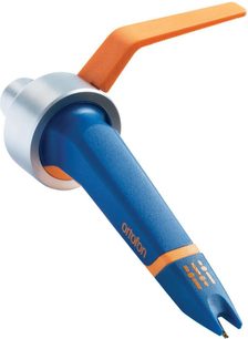 Ortofon Concorde MKII DJ blå og orange pickup, set fra siden, diamantspids synlig, aluminiumshus
