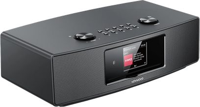 Kenwood CR-ST700SCD sort bord FM eller digital internetbordradio, perspektivvisning, farveskærm, 2 drejeknapper, frontgitter til højttaler