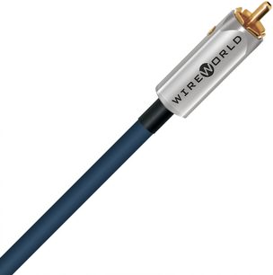 Kabel til subwoofer Wireworld Luna 10 Mono 8m, cylindrisk mørkeblå kappe, sølv- og guldfarvet metal RCA-stik