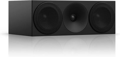 Coluna central Amphion Helium 520C preta, vista frontal, 3 alto-falantes circulares pretos em painel frontal preto fosco retangular