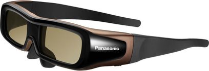 Panasonic TY-EW3D2LE 3D-briller, sort stel, brune bøjler, gule tonede glas, set fra en trekvartvinkel forfra