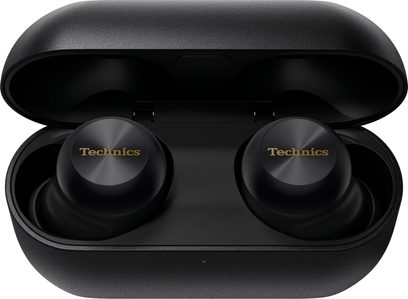 Bezprzewodowe słuchawki hi-fi Bluetooth Technics EAH-AZ100E czarne z okrągłymi czarnymi słuchawkami z złotym logo w otwartym etui