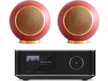 Pár červených reproduktorů Elipson Planet L s černým audio přehrávačem s čelním displejem, pohled zepředu