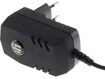 Strømforsyningsadapter Silent Power by iFi Audio iPOWER MK2 15V i sort plast, tobenet EU-stik, iFi-logo, trekvartvisning