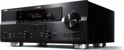 Yamaha RX-V2065 sort hjemmebiografsforstærker, frontpanel med knapper, drejeknapper, display, hovedtelefonstik og USB-port