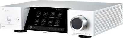 Lettore audio di rete Cayin iDAP-8 in alluminio spazzolato argento, vista frontale tre quarti destra, con ampio schermo touch centrale nero, manopola circolare a destra, pannello frontale con logo a sinistra e lato destro con alette di raffreddamento