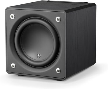 JL Audio E-Sub e110 baskabin i sortbejdset eg, frontvisning, kubisk form, centralt rundt sort højttaler
