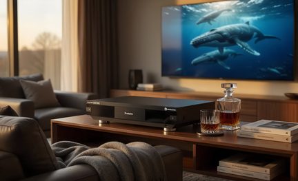Lettore multimediale hi-fi nero su tavolino in legno in un salotto moderno con televisore a parete