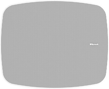 Witte Klipsch PSM-650-T buitenluidspreker, vooraanzicht met geperforeerd rooster en afgeronde hoeken