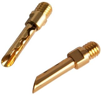 To gullbelagte elektriske kontakter fra Supra CombiCon Set (4 x bananplugger / gaffelkontakter), en bananplugg og en gaffelkontakt
