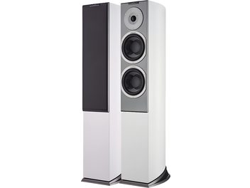 Enceinte colonne AudioVector R3 Signature blanc, vue de face, 2 haut-parleurs noirs ronds, caisson blanc rectangulaire vertical