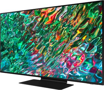 Televizor Samsung QE43QN90B 2022 zobrazující abstraktní vícebarevný obraz s plynulými, vlnitými tvary v zelené, červené a žluté barvě