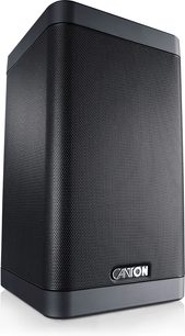 Sort Canton Smart Soundbox 3 S2 smart-højttaler, rektangulært kabinet med finmasket metalgitter, set i trekvart profil