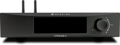 Síťový audio přehrávač Nuprime Stream 9 černý, pohled zepředu, otočný knoflík vpravo, dvě svislé Wi-Fi antény nahoře