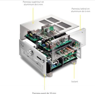 Teknisk SU-R1000E-K svart hi-fi stereoanlegg, isometrisk eksplodert visning, 6 mm aluminiumspanel på topp og side