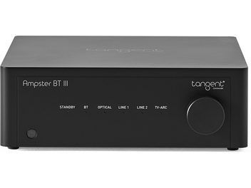Стереопідсилювач Tangent Ampster BT III, чорний метал, вид спереду, регулятор гучності праворуч, індикатори та кнопка ліворуч