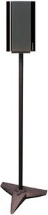 Triangle højttalerstativ Stand Galaxy 2, mat sort rør på mørkebrun trekantet træbase, minimalistisk design